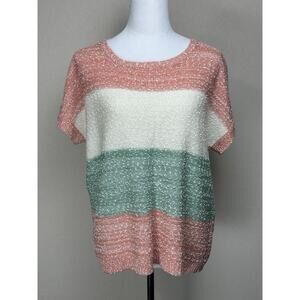 Entro Women’s Multicolor Colorblock Short Sleeve Knit Sweater Sz M Casual Preppy